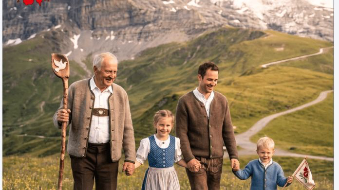 KI.generiertes Bild mit Vater, Opa und zwei Kindern in Trachten vor einer eindrücklichen Bergkulisse  - bayrischen Trachten, wohlgemerkt.
